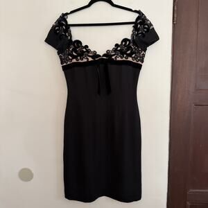 Y2K Vintage Nougat Black Silk Cocktail Dress with Sweetheart Swirl Neck Small